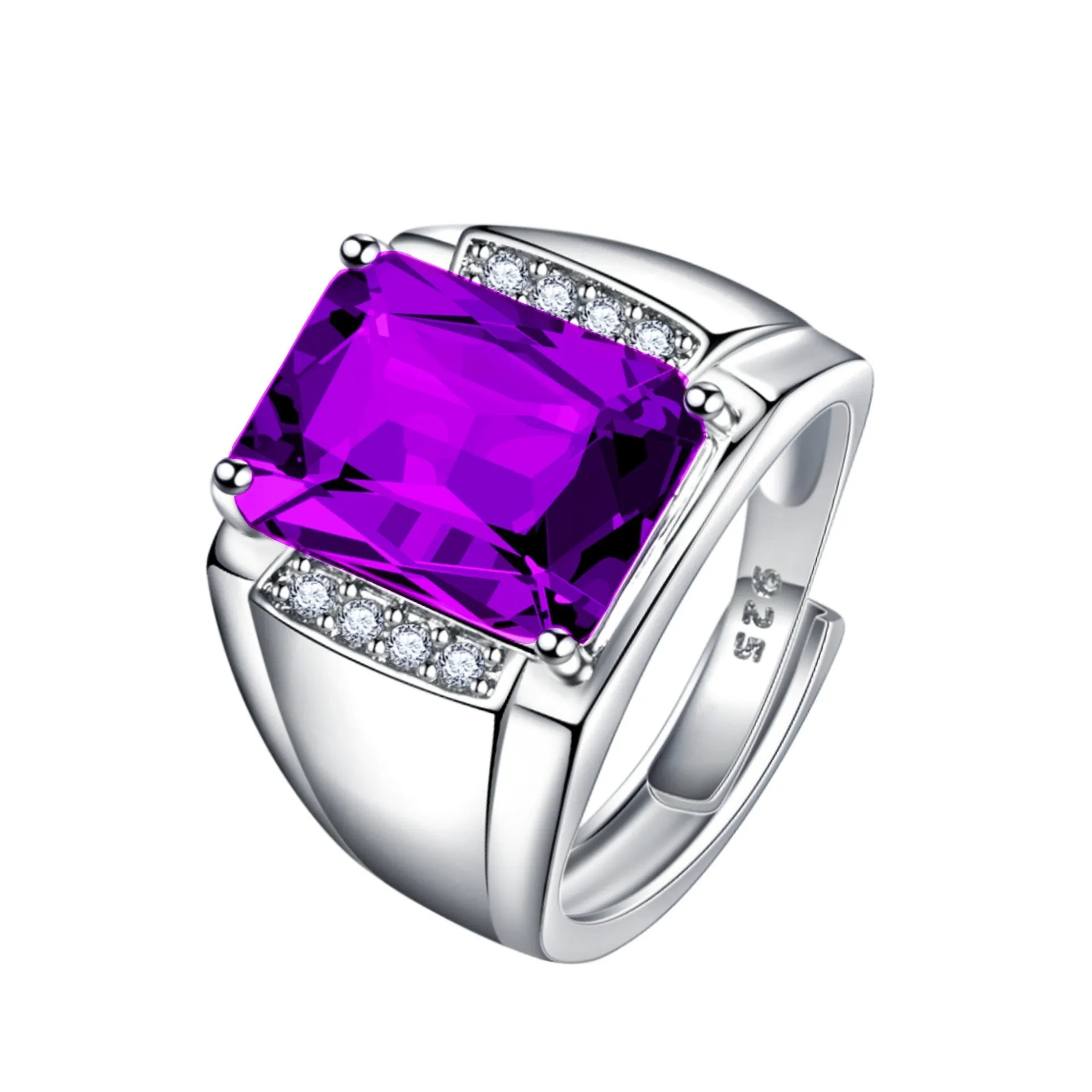 Adjustable copper ring with geometric design and natural amethyst coloured rhinestones
