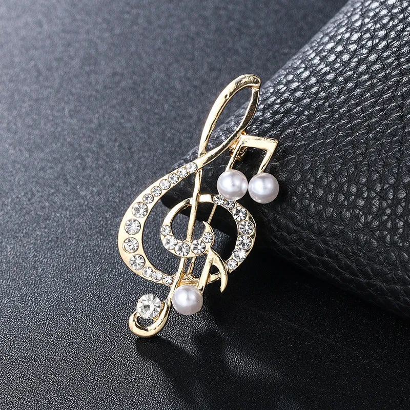 Unisex temperament corsage jewellery brooch with alloy and artificial gem inlay, musical note design, eight colours