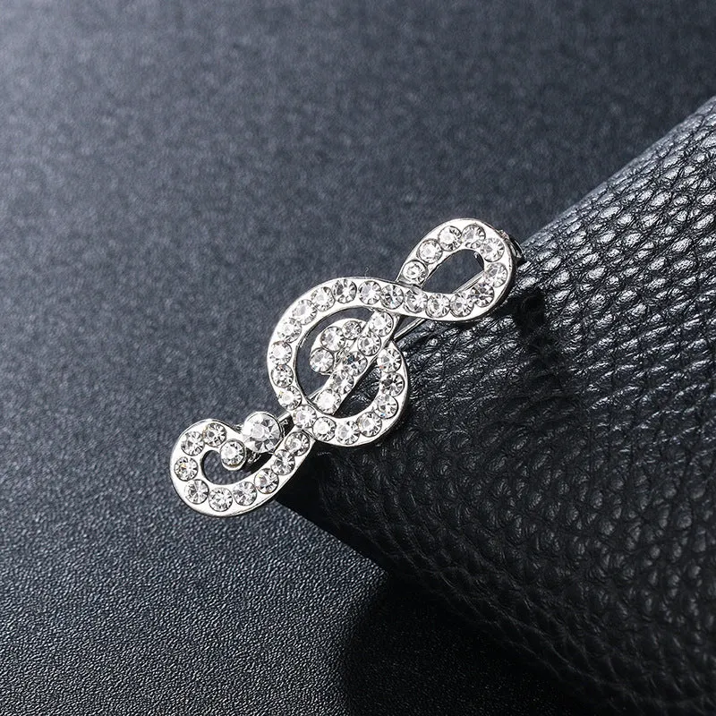 Unisex temperament corsage jewellery brooch with alloy and artificial gem inlay, musical note design, eight colours
