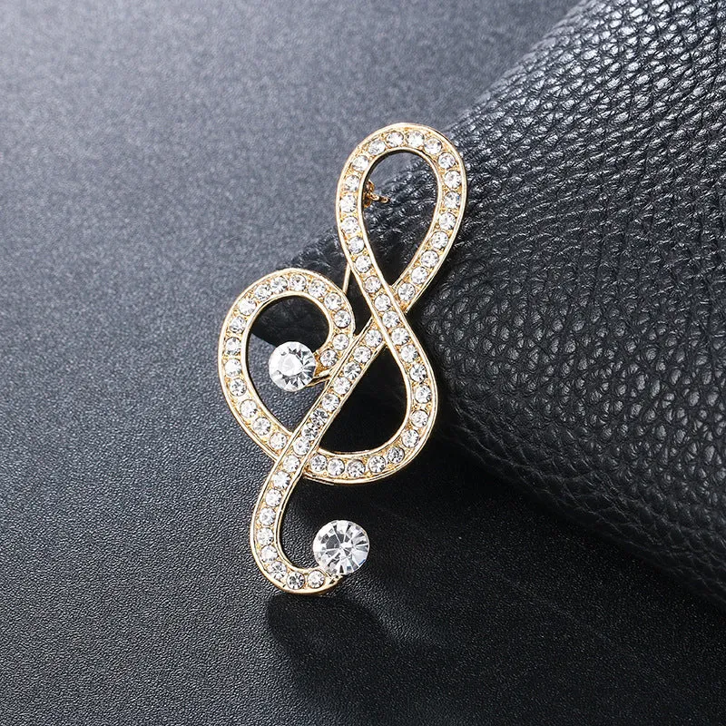 Unisex temperament corsage jewellery brooch with alloy and artificial gem inlay, musical note design, eight colours