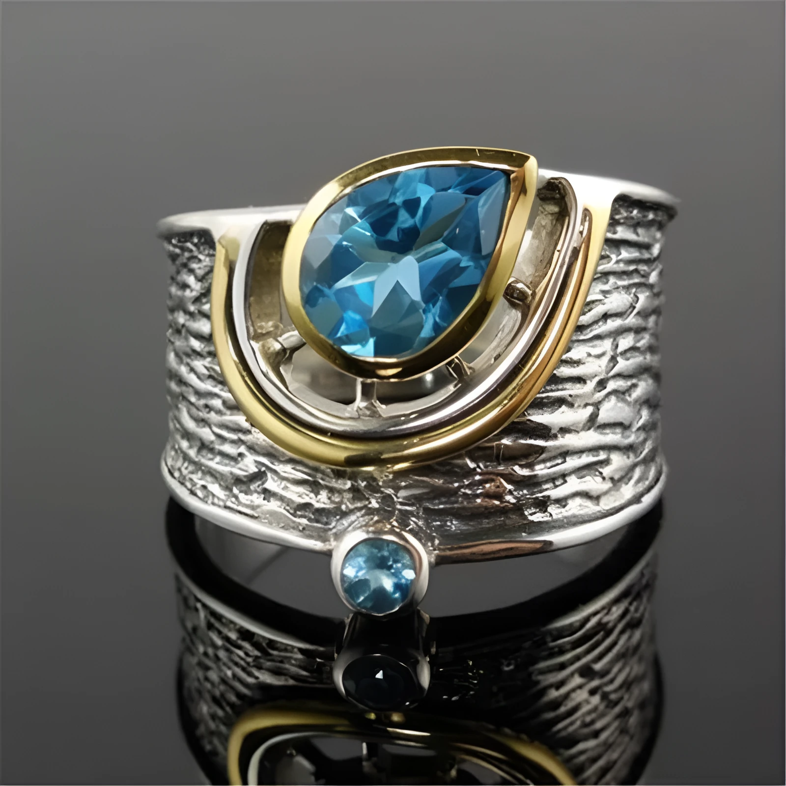 Close-up of a women's blue zircon rhinestone ring in a creative Chinese style drop shape design.