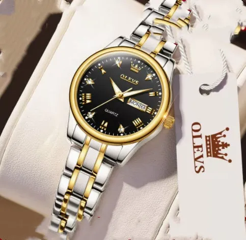 Women's quartz watch with round fine steel case, 29mm dial, analogue display, and calendar week window on a light background