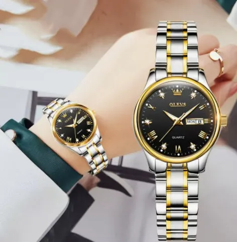 Women's quartz watch with round fine steel case, 29mm dial, analogue display, and calendar week window on a light background