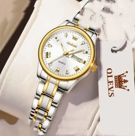 Women's quartz watch with round fine steel case, 29mm dial, analogue display, and calendar week window on a light background
