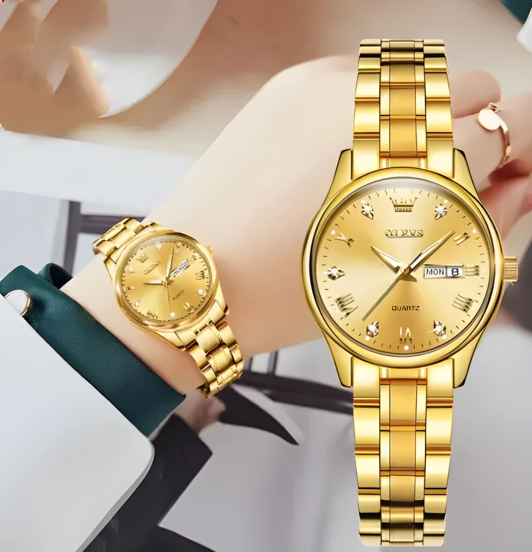 Women's quartz watch with round fine steel case, 29mm dial, analogue display, and calendar week window on a light background