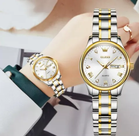 Women's quartz watch with round fine steel case, 29mm dial, analogue display, and calendar week window on a light background