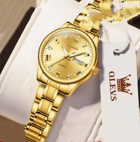 Women's quartz watch with round fine steel case, 29mm dial, analogue display, and calendar week window on a light background