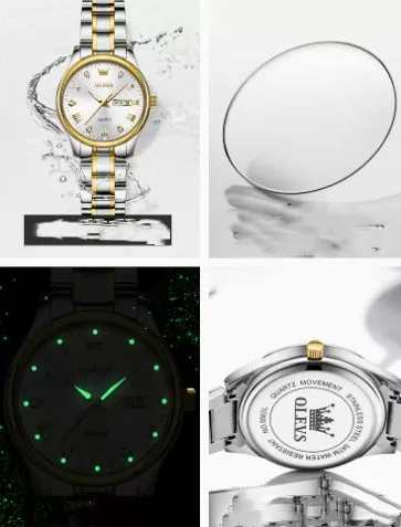 Women's quartz watch with round fine steel case, 29mm dial, analogue display, and calendar week window on a light background