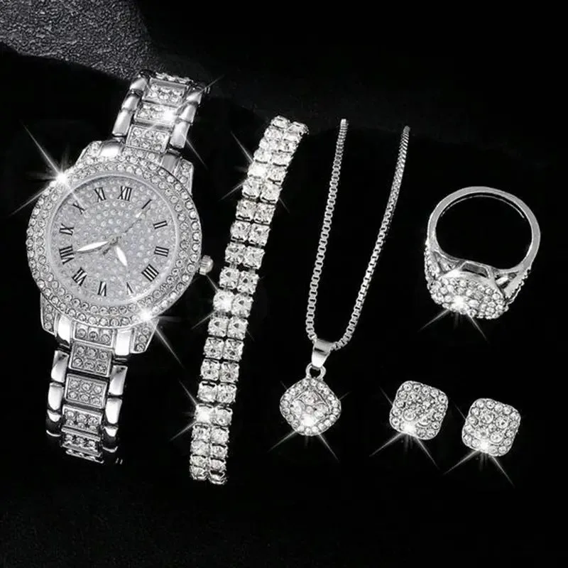 Women's Diamond Fashion Roman Quartz Watch five-piece set with alloy strap and round dial