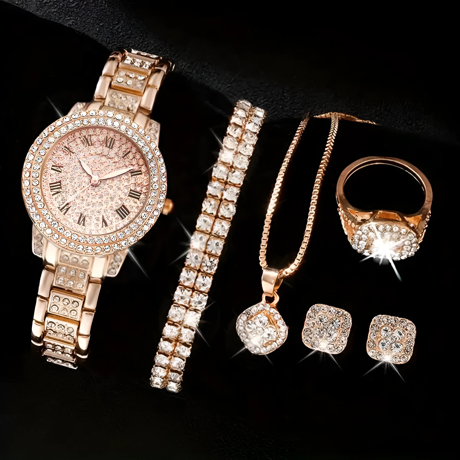 Women's Diamond Fashion Roman Quartz Watch five-piece set with alloy strap and round dial
