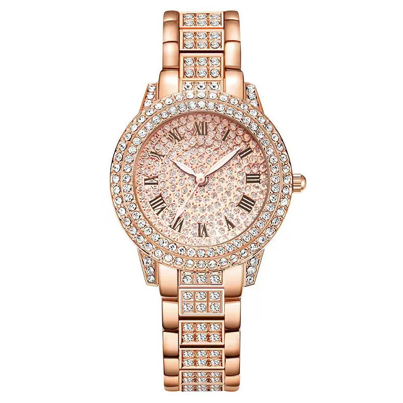 Women's Diamond Fashion Roman Quartz Watch five-piece set with alloy strap and round dial