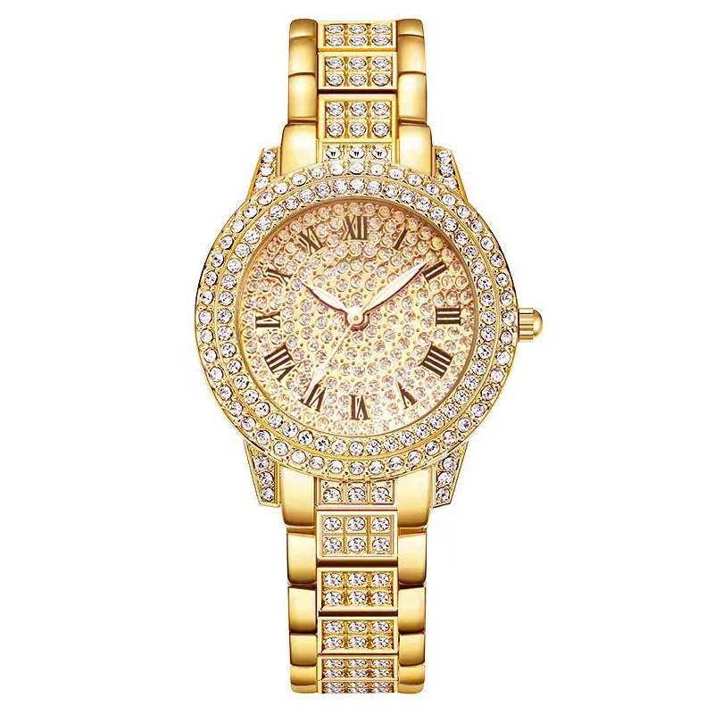 Women's Diamond Fashion Roman Quartz Watch five-piece set with alloy strap and round dial