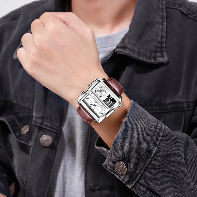 Men's black multi-function quartz watch with genuine leather strap and analogue-digital display