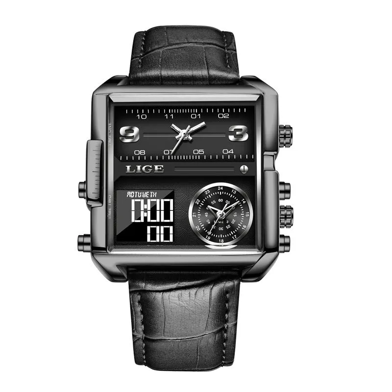 Men's black multi-function quartz watch with genuine leather strap and analogue-digital display