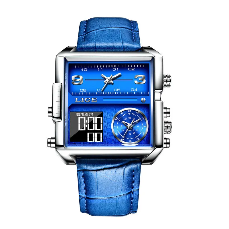 Men's black multi-function quartz watch with genuine leather strap and analogue-digital display