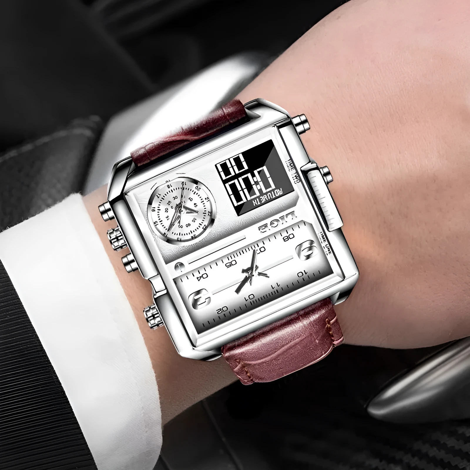 Men's black multi-function quartz watch with genuine leather strap and analogue-digital display