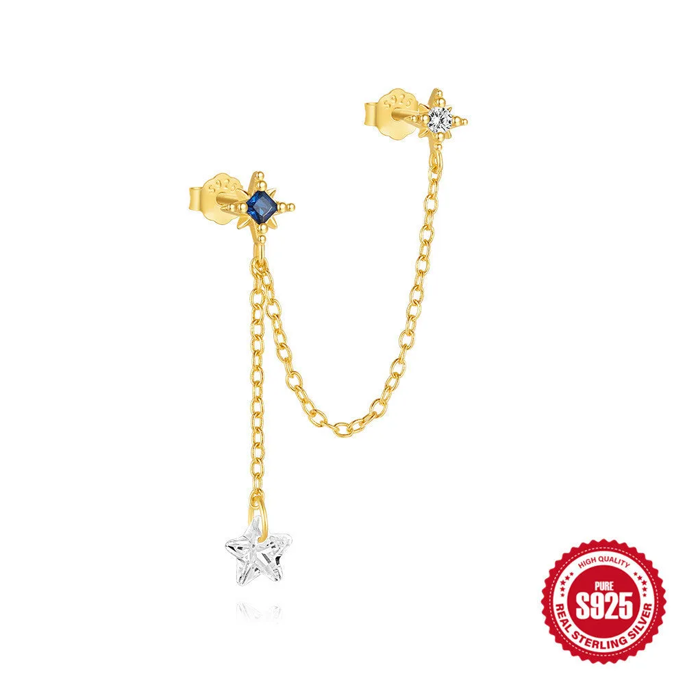 Golden geometric sterling silver earrings with zircon inlays for double piercings