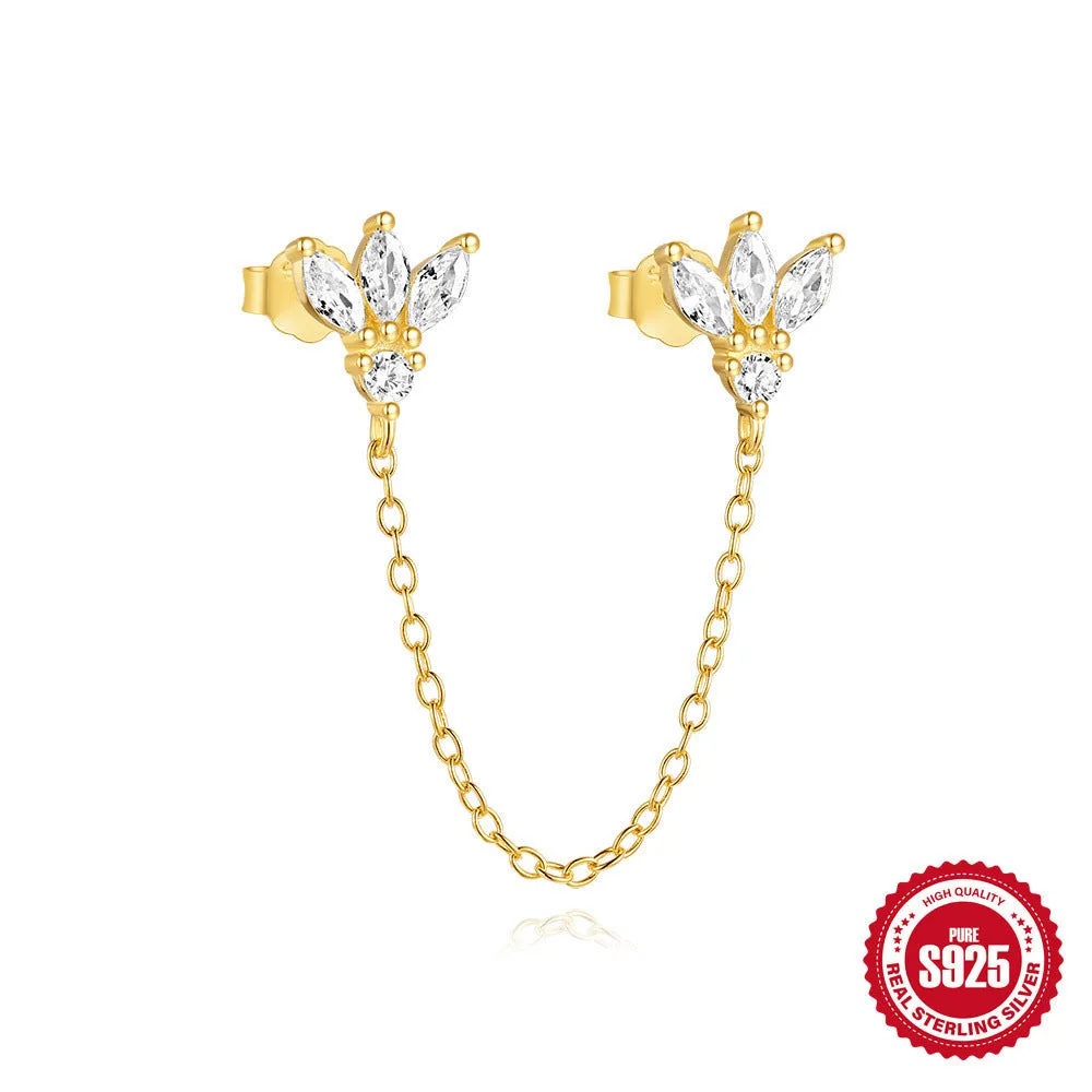 Golden geometric sterling silver earrings with zircon inlays for double piercings