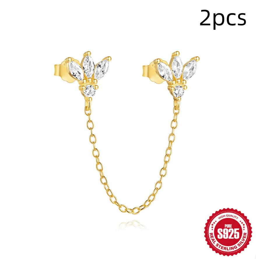 Golden geometric sterling silver earrings with zircon inlays for double piercings
