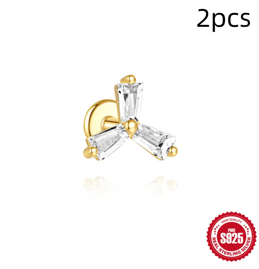 Golden geometric sterling silver earrings with zircon inlays for double piercings