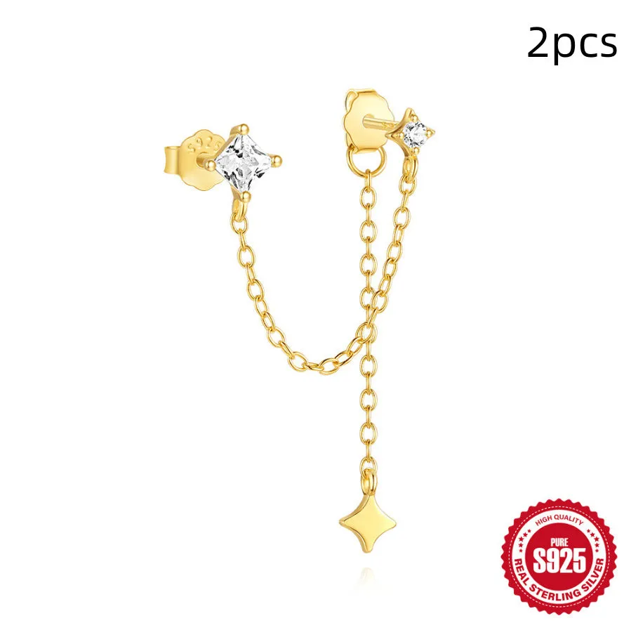 Golden geometric sterling silver earrings with zircon inlays for double piercings