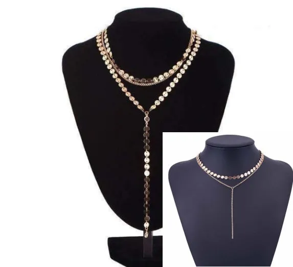 Tattoo coin choker rhinestone crystal necklace one layer three layer lariat y choker alloy chain gold silver plating