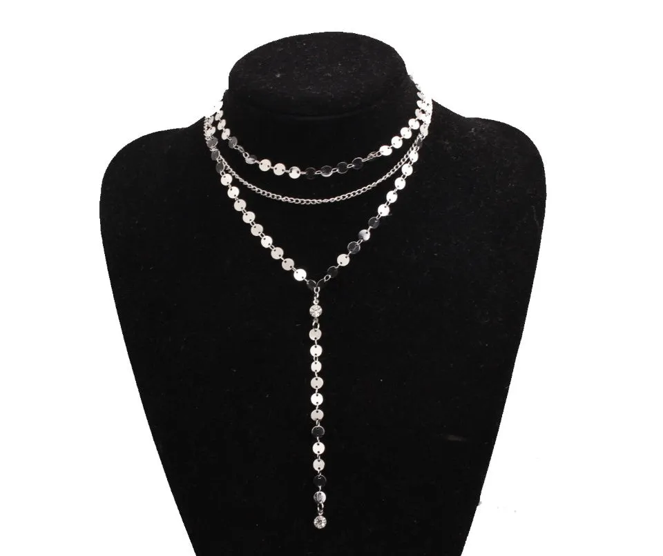 Tattoo coin choker rhinestone crystal necklace one layer three layer lariat y choker alloy chain gold silver plating