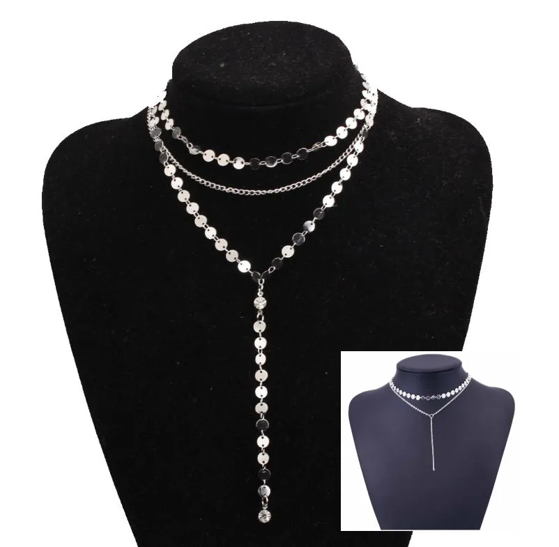 Tattoo coin choker rhinestone crystal necklace one layer three layer lariat y choker alloy chain gold silver plating