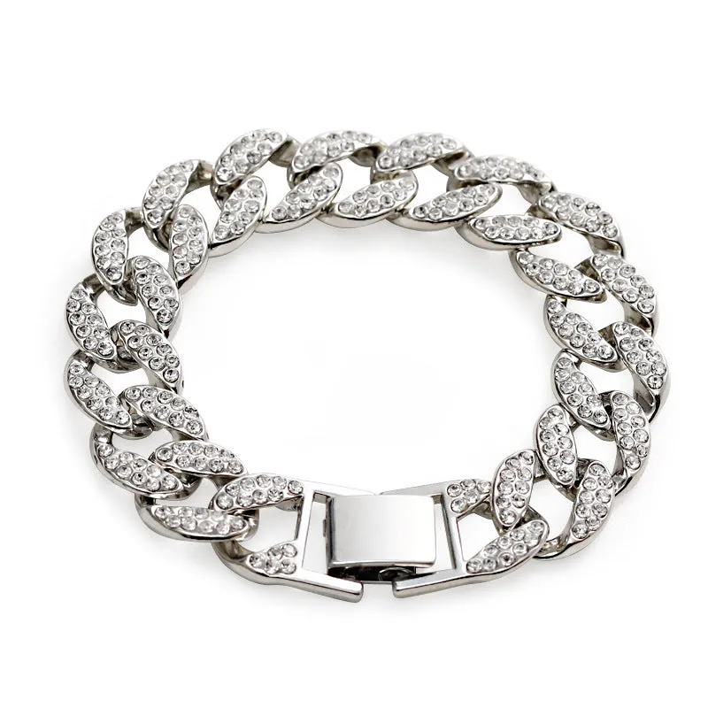 Gold Cuban flat buckle bracelet with crystal rhinestones on wrist, 15mm wide, 8 inch length