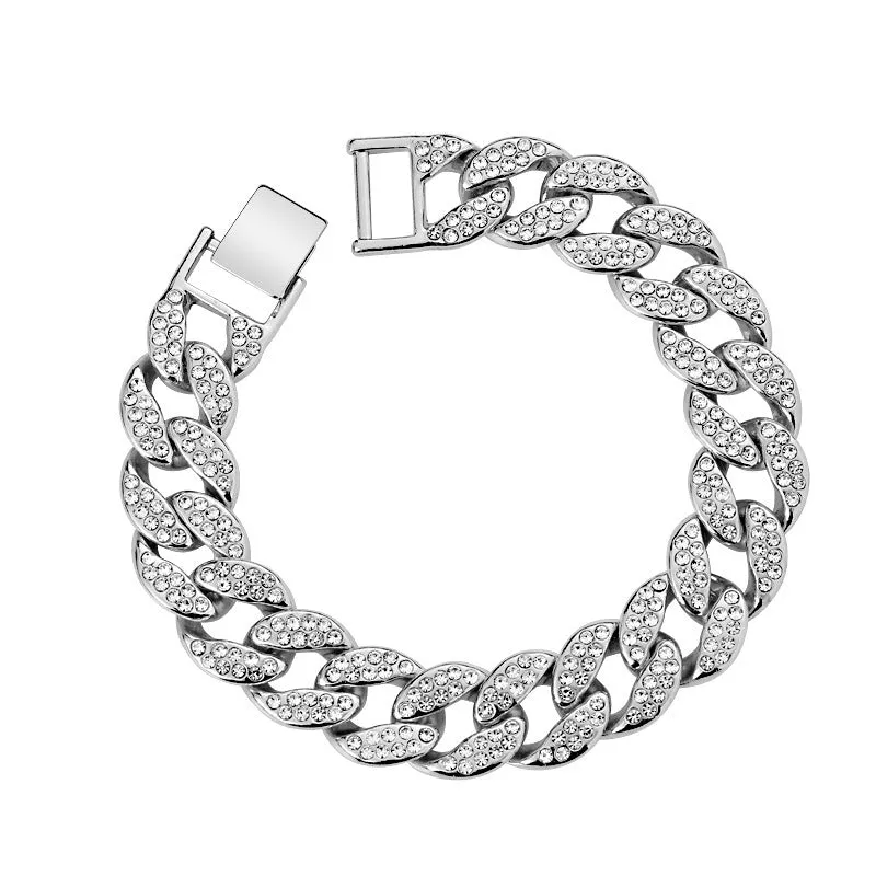 Gold Cuban flat buckle bracelet with crystal rhinestones on wrist, 15mm wide, 8 inch length