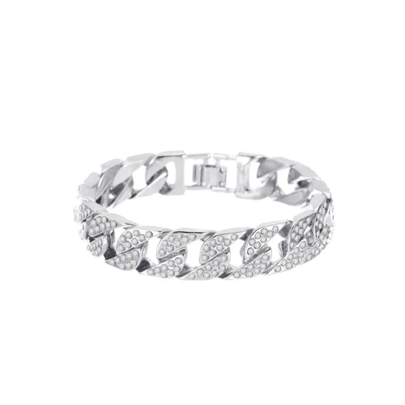 Gold Cuban flat buckle bracelet with crystal rhinestones on wrist, 15mm wide, 8 inch length
