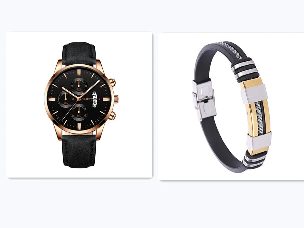 Mens classic business quartz watch with 39mm alloy case, black strap, rose gold case and hands, black face with pointer and number display