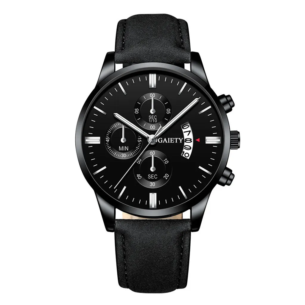 Mens classic business quartz watch with 39mm alloy case, black strap, rose gold case and hands, black face with pointer and number display