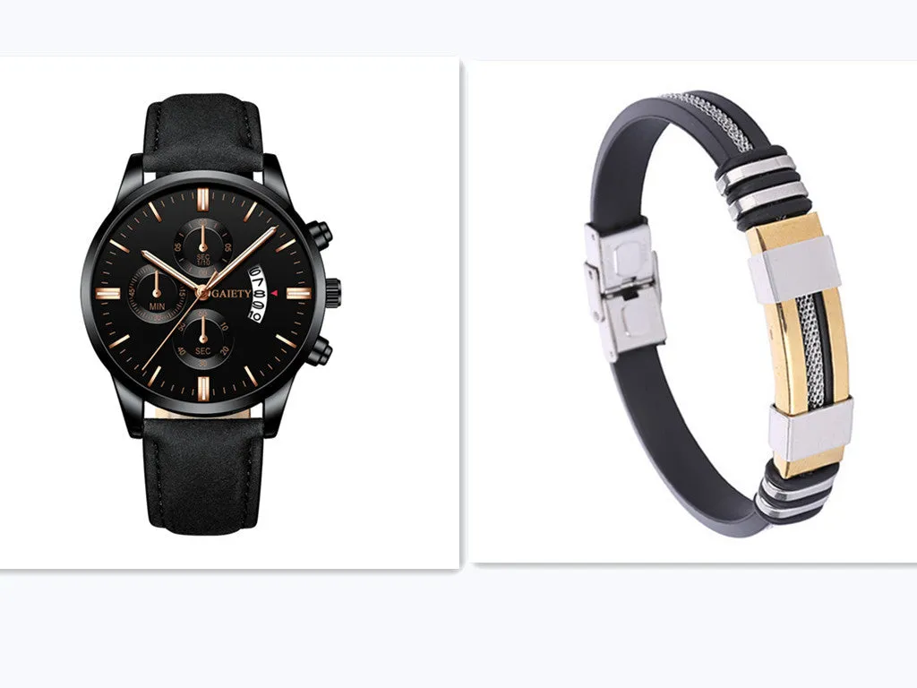 Mens classic business quartz watch with 39mm alloy case, black strap, rose gold case and hands, black face with pointer and number display
