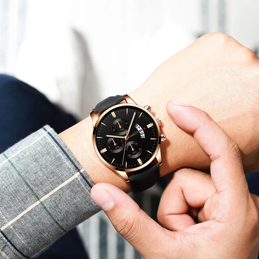Mens classic business quartz watch with 39mm alloy case, black strap, rose gold case and hands, black face with pointer and number display