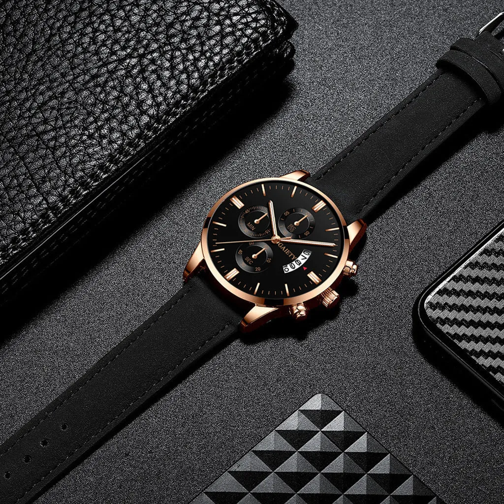 Mens classic business quartz watch with 39mm alloy case, black strap, rose gold case and hands, black face with pointer and number display