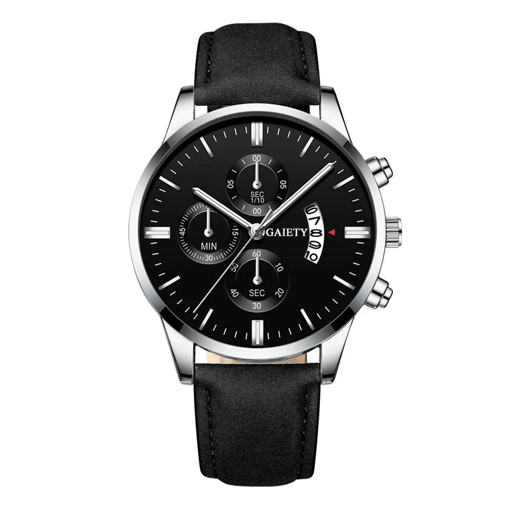 Mens classic business quartz watch with 39mm alloy case, black strap, rose gold case and hands, black face with pointer and number display