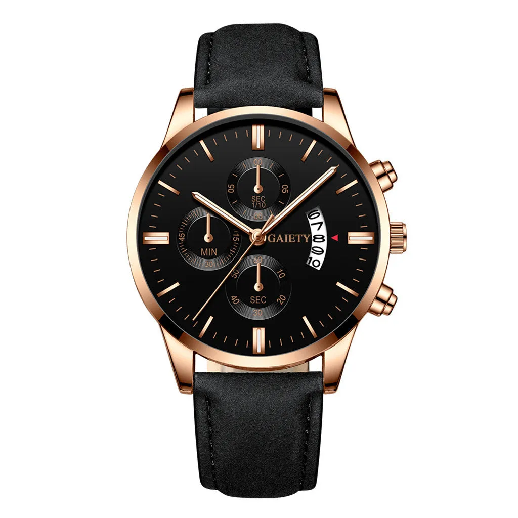 Mens classic business quartz watch with 39mm alloy case, black strap, rose gold case and hands, black face with pointer and number display