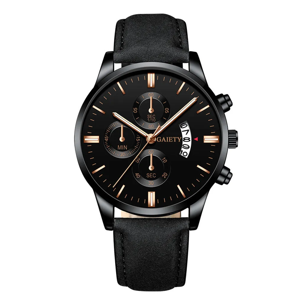 Mens classic business quartz watch with 39mm alloy case, black strap, rose gold case and hands, black face with pointer and number display