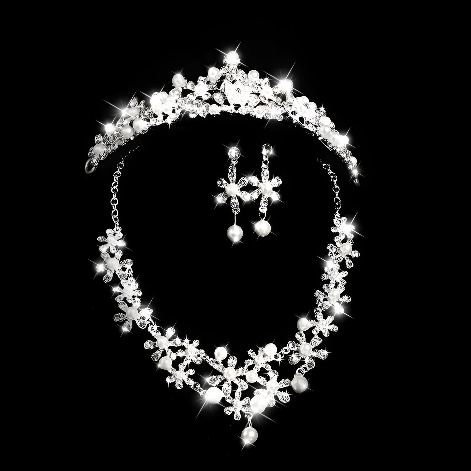 Silver alloy bridal crown with diamond-encrusted detailing, semicircle shape, 40cm size
