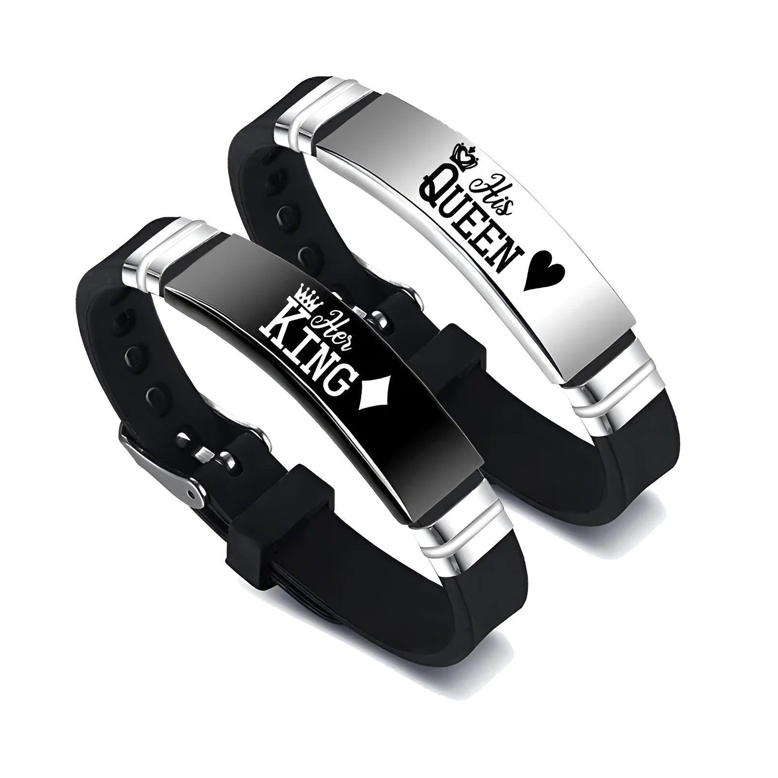 Black and silver his and hers couple bracelet set with stainless steel crown and letter charm on silicone strap