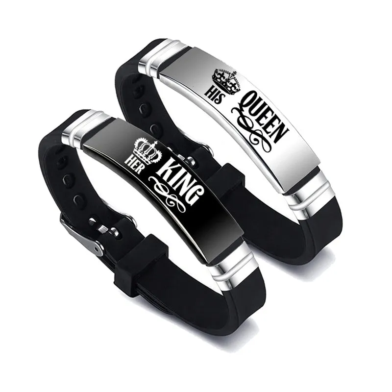 Black and silver his and hers couple bracelet set with stainless steel crown and letter charm on silicone strap