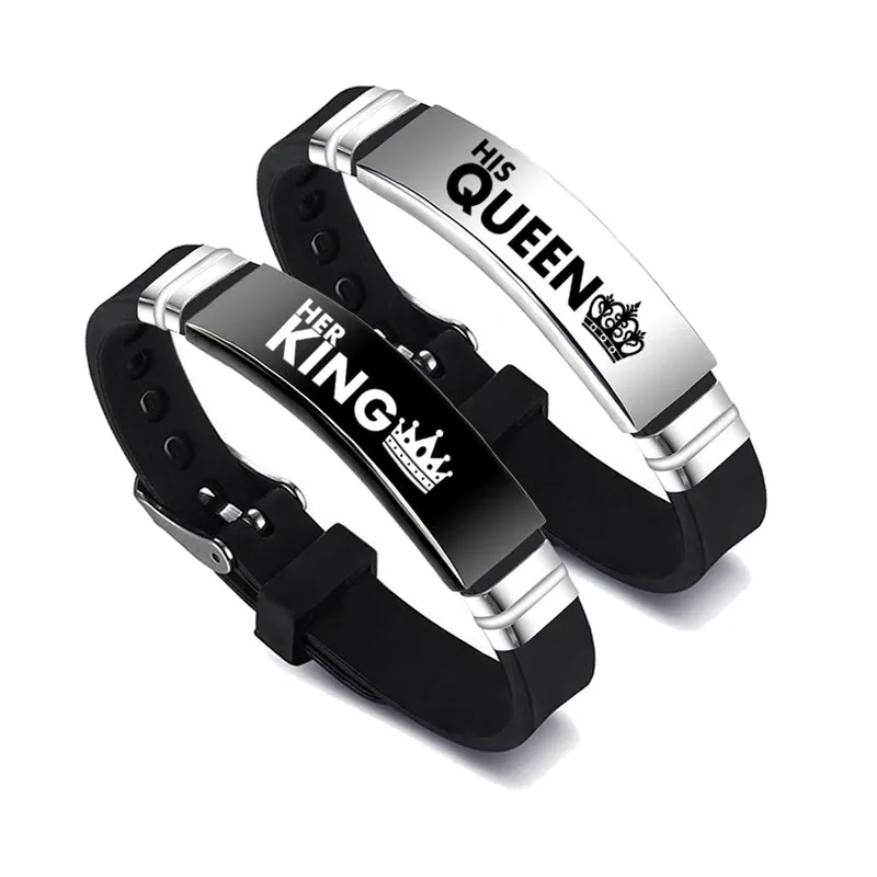 Black and silver his and hers couple bracelet set with stainless steel crown and letter charm on silicone strap
