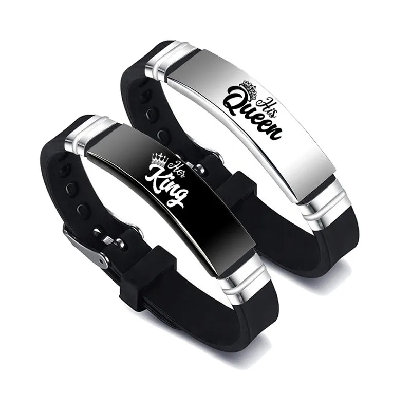 Black and silver his and hers couple bracelet set with stainless steel crown and letter charm on silicone strap