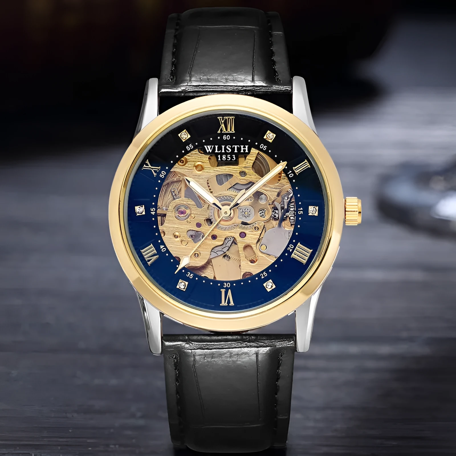 Gold shell men's automatic mechanical watch with brown leather strap, 40mm dial, white surface