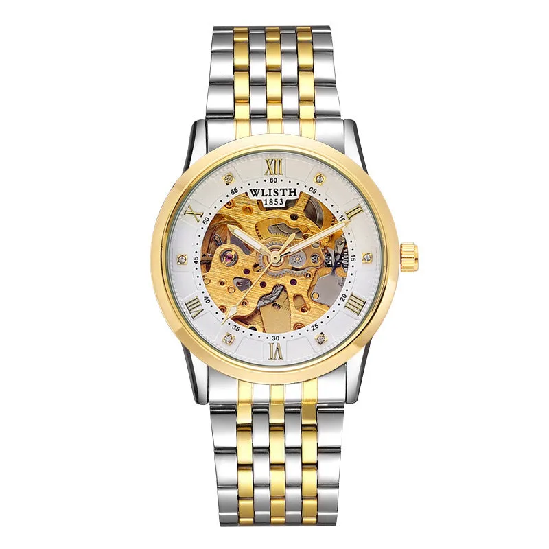 Gold shell men's automatic mechanical watch with brown leather strap, 40mm dial, white surface