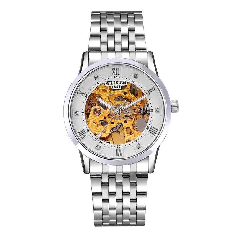 Gold shell men's automatic mechanical watch with brown leather strap, 40mm dial, white surface