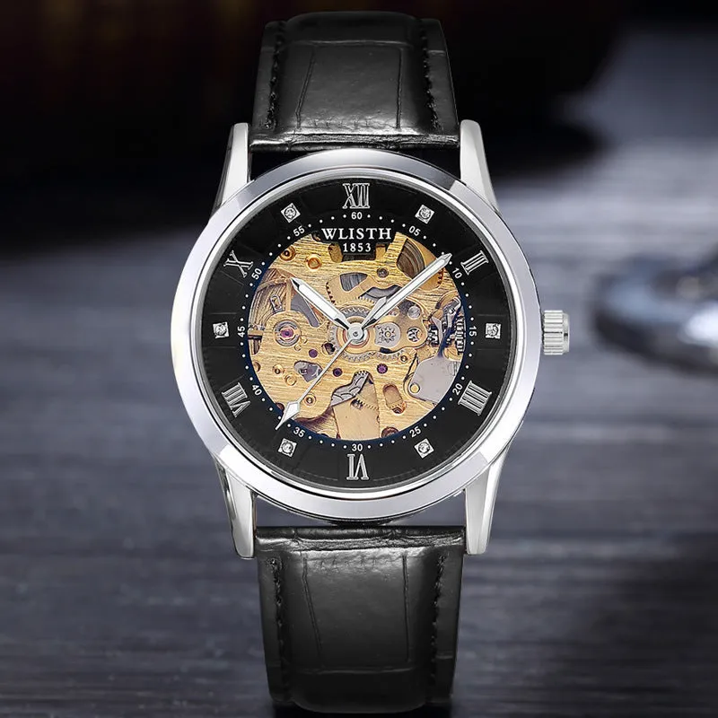 Gold shell men's automatic mechanical watch with brown leather strap, 40mm dial, white surface
