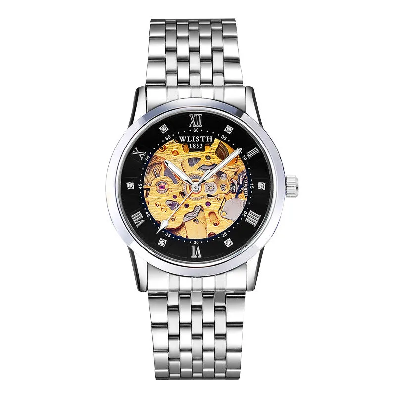 Gold shell men's automatic mechanical watch with brown leather strap, 40mm dial, white surface