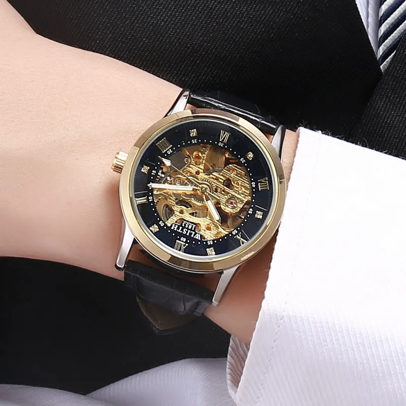 Gold shell men's automatic mechanical watch with brown leather strap, 40mm dial, white surface